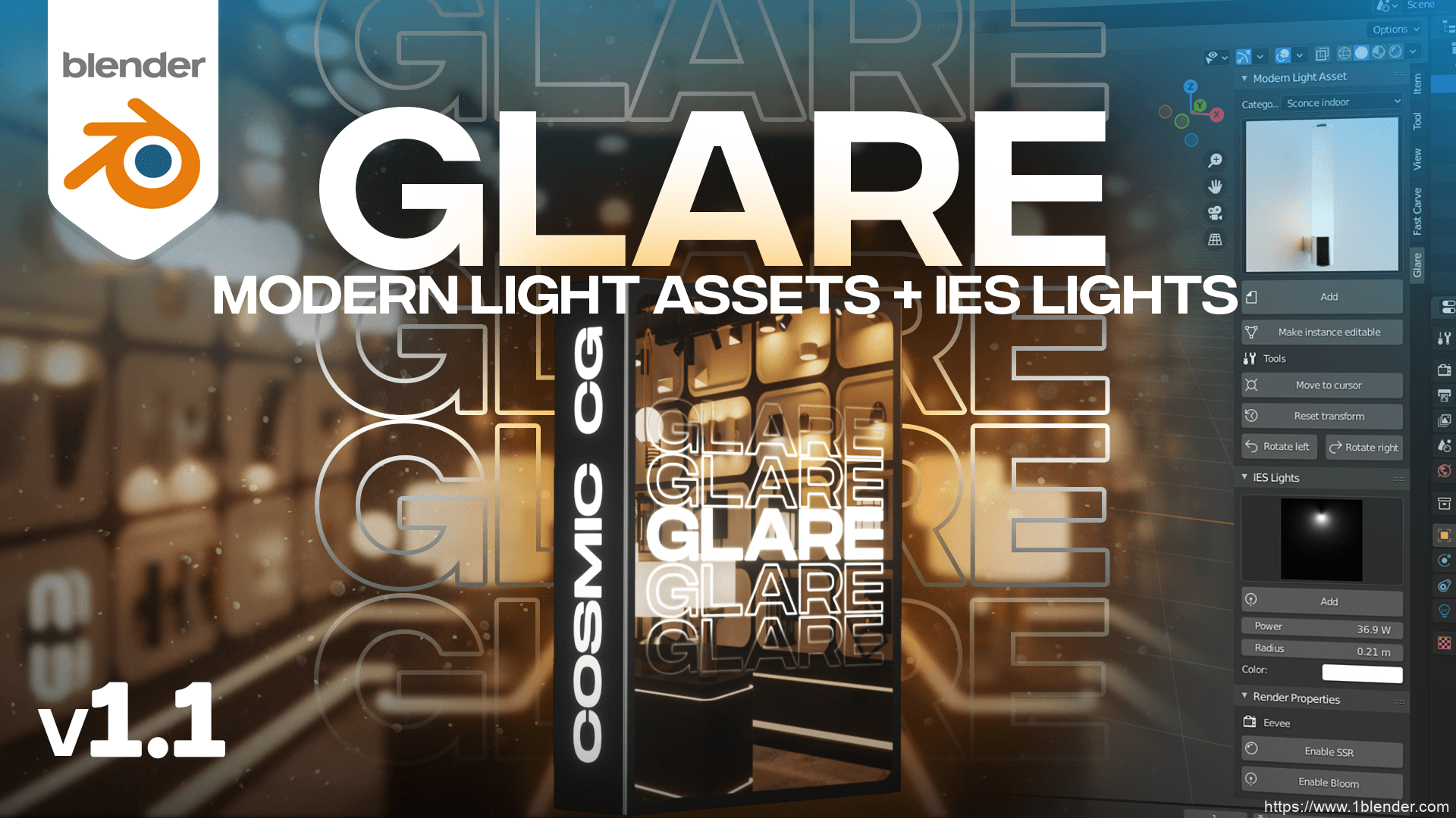 中文版Blender插件-80组现代装修灯光资产模型IES室内照明Glare V1.1- Modern Light Asset + Les Light