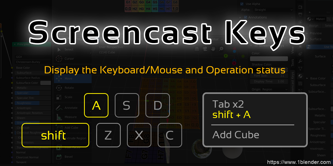 中文汉化版Blender插件-屏幕显示键盘按键鼠标操作插件Screencast Keys