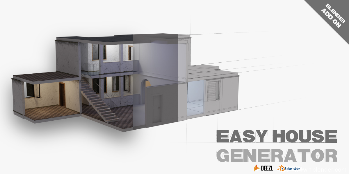 Blender插件-室内设计住宅建筑房屋门窗楼梯生成器Easy House Generator